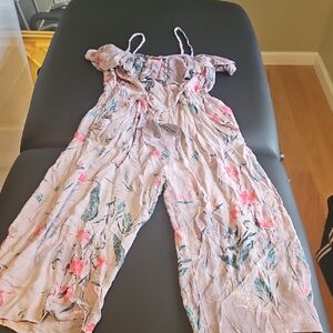 Roxy Cream Floral Off-Shoulder Jumpsuit with Pink & Green Accents
